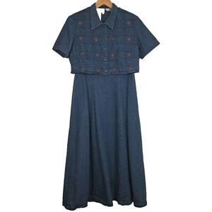 VTG 90s Karin Stevens Denim Jumper Midi Dress Womens 10 Blue 100% Cotton 2-piece